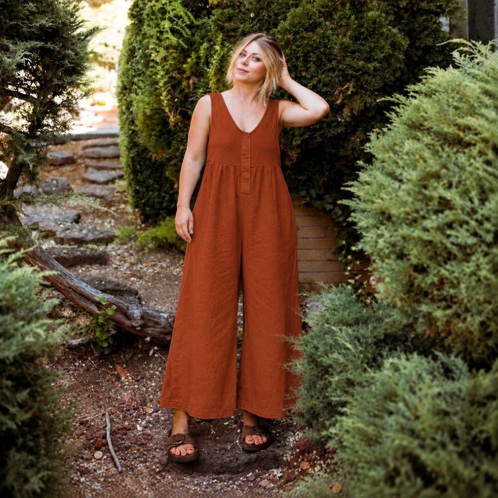 NEVE & HAWK SUNSET JUMPER Jumpsuit Rust Pockets Wide Leg Size Small Utility